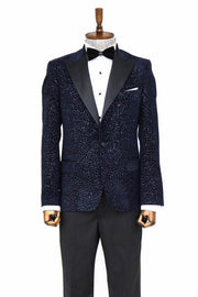 Glitter Floral Patterned Navy Blue Men Prom Blazer - Wessi