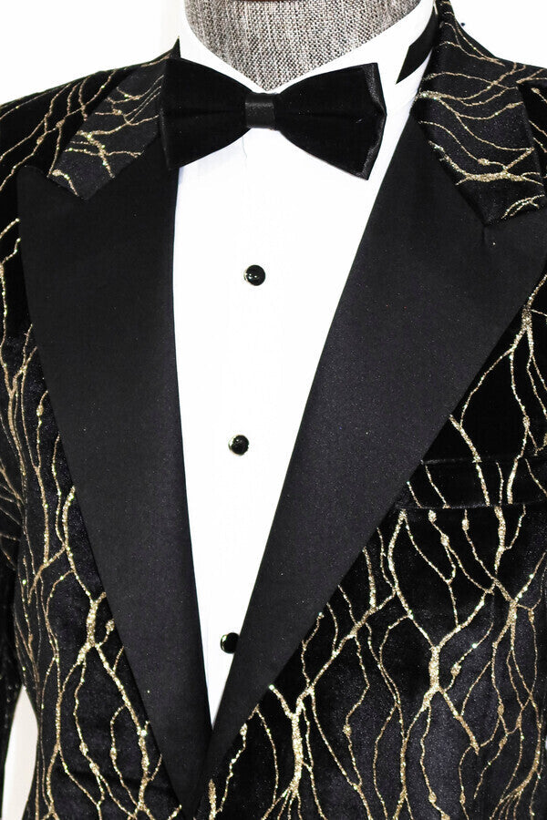 Gold Patterned Black Men Prom Blazer - Wessi