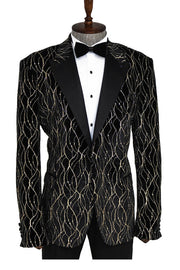 Gold Patterned Black Men Prom Blazer - Wessi