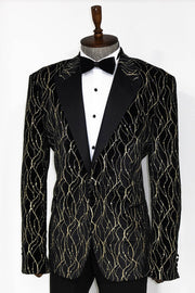 Gold Patterned Black Men Prom Blazer - Wessi