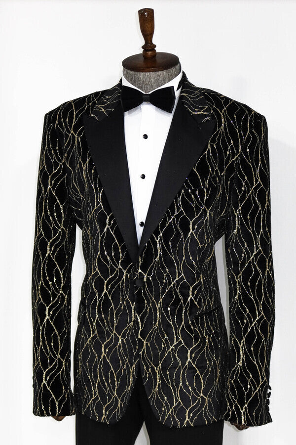 Gold Patterned Black Men Prom Blazer - Wessi