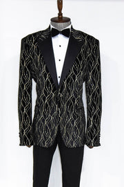 Gold Patterned Black Men Prom Blazer - Wessi