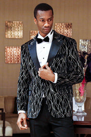 Gold Patterned Black Men Prom Blazer - Wessi