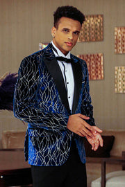 Gold Patterned Navy Blue Men Prom Blazer - Wessi