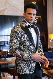 Gold Rose Patterned Slim Fit Navy Blue Men Prom Blazer - Wessi