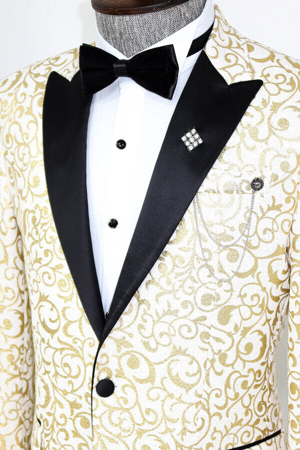 Gold Scroll Patterned Over White Men Prom Blazer - Wessi