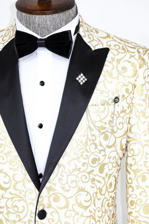 Gold Scroll Patterned Over White Men Prom Blazer - Wessi