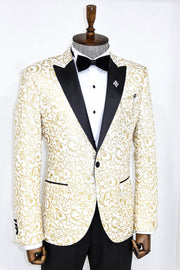 Gold Scroll Patterned Over White Men Prom Blazer - Wessi