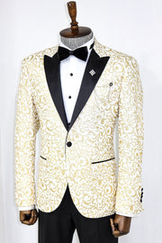 Gold Scroll Patterned Over White Men Prom Blazer - Wessi