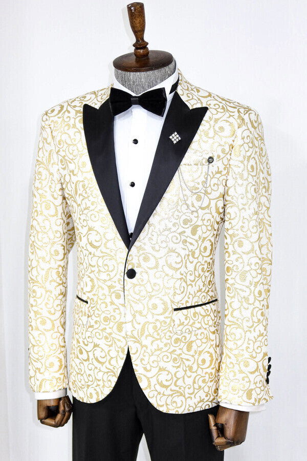 Gold Scroll Patterned Over White Men Prom Blazer - Wessi