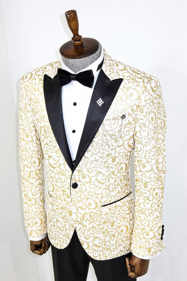 Gold Scroll Patterned Over White Men Prom Blazer - Wessi