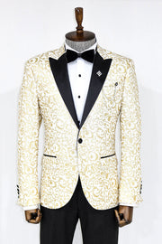 Gold Scroll Patterned Over White Men Prom Blazer - Wessi