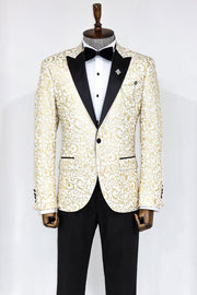 Gold Scroll Patterned Over White Men Prom Blazer - Wessi