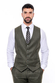 Green Striped Slim-Fit Vested Suit - Wessi