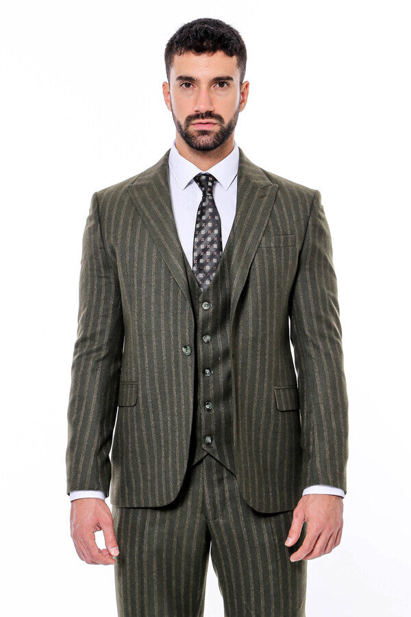 Green Striped Slim-Fit Vested Suit - Wessi