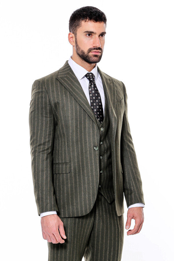 Green Striped Slim-Fit Vested Suit - Wessi