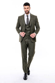 Green Striped Slim-Fit Vested Suit - Wessi