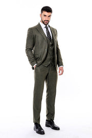 Green Striped Slim-Fit Vested Suit - Wessi