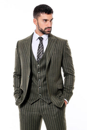 Green Striped Slim-Fit Vested Suit - Wessi