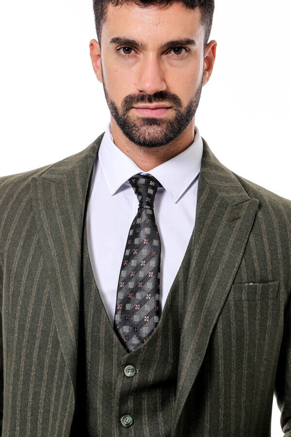 Green Striped Slim-Fit Vested Suit - Wessi