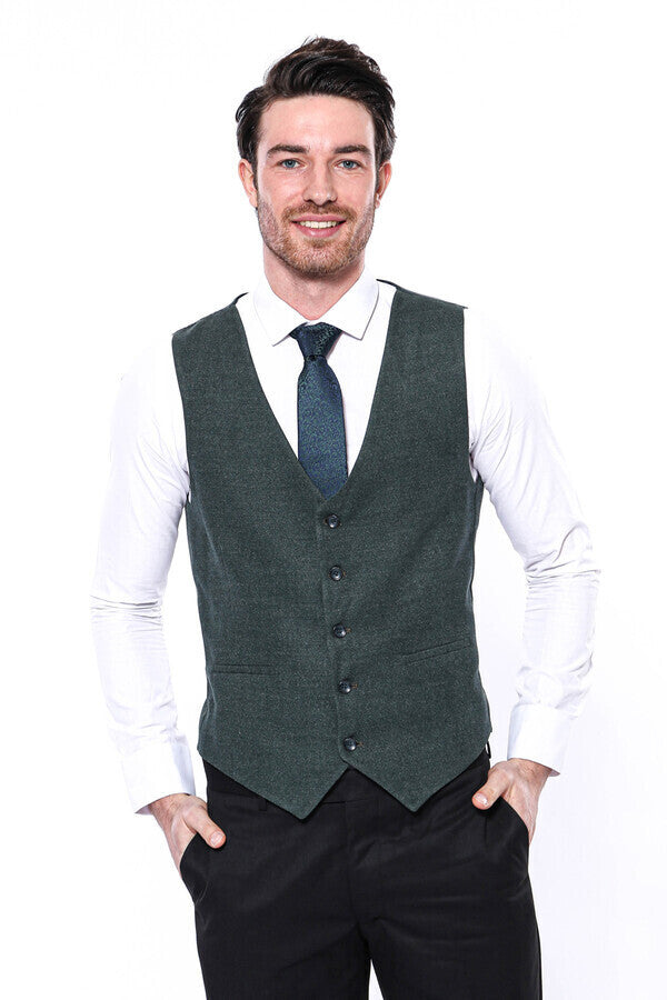 Green V Neck Men Vest | Wessi