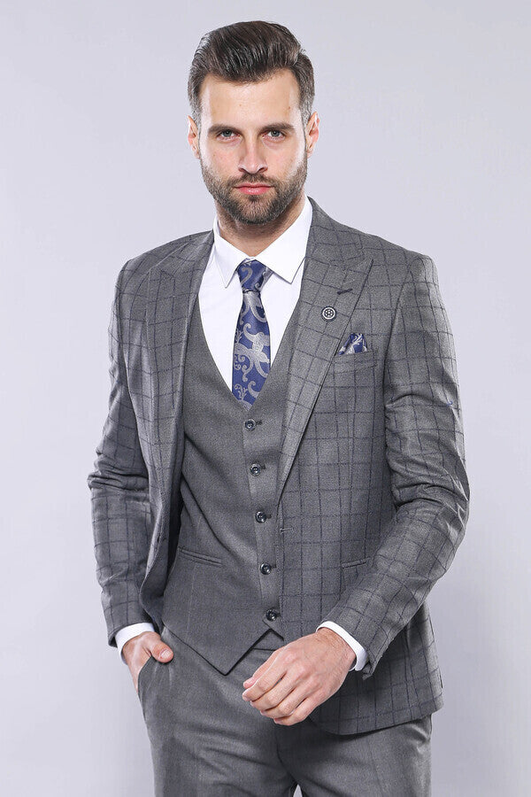 Grey Vested Checked Suit - Wessi