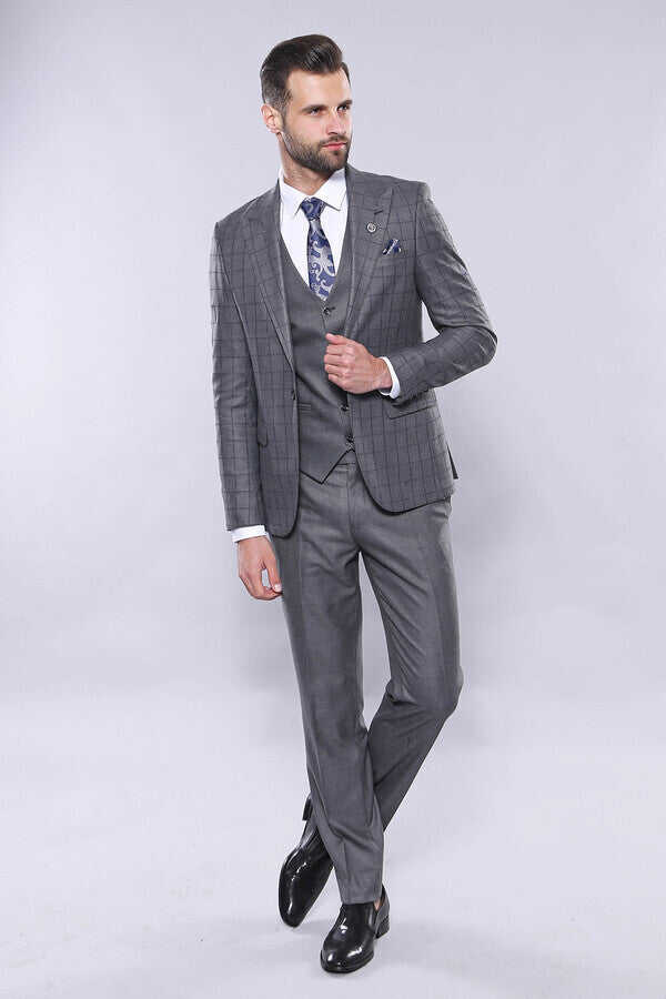 Grey Vested Checked Suit - Wessi