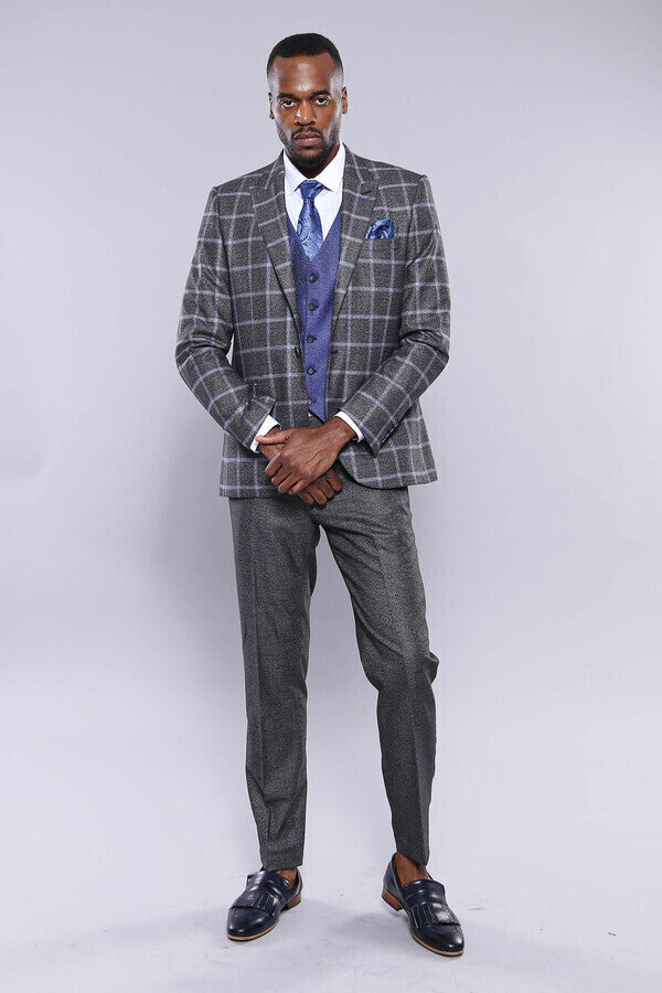 Grey Blue Checked Suit - Wessi