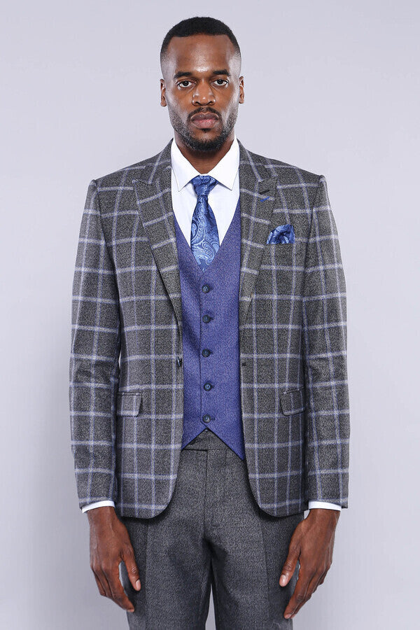 Grey Blue Checked Suit - Wessi