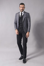 Grey Jacket Combined Black Suit - Wessi