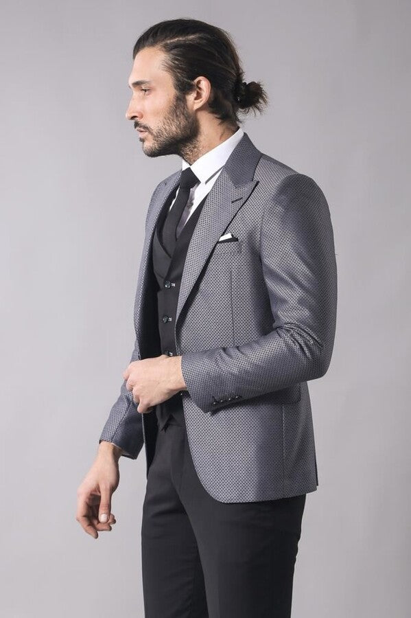 Grey Jacket Combined Black Suit - Wessi