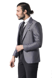 Grey Jacket Combined Black Suit - Wessi