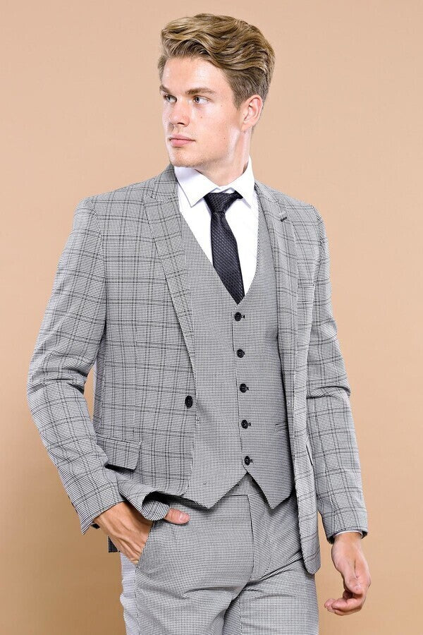 Grey Plaid Vested Men's Suit | Wessi