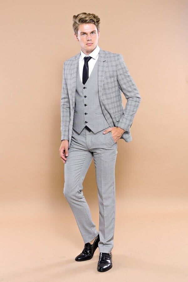 Grey Plaid Vested Men's Suit | Wessi