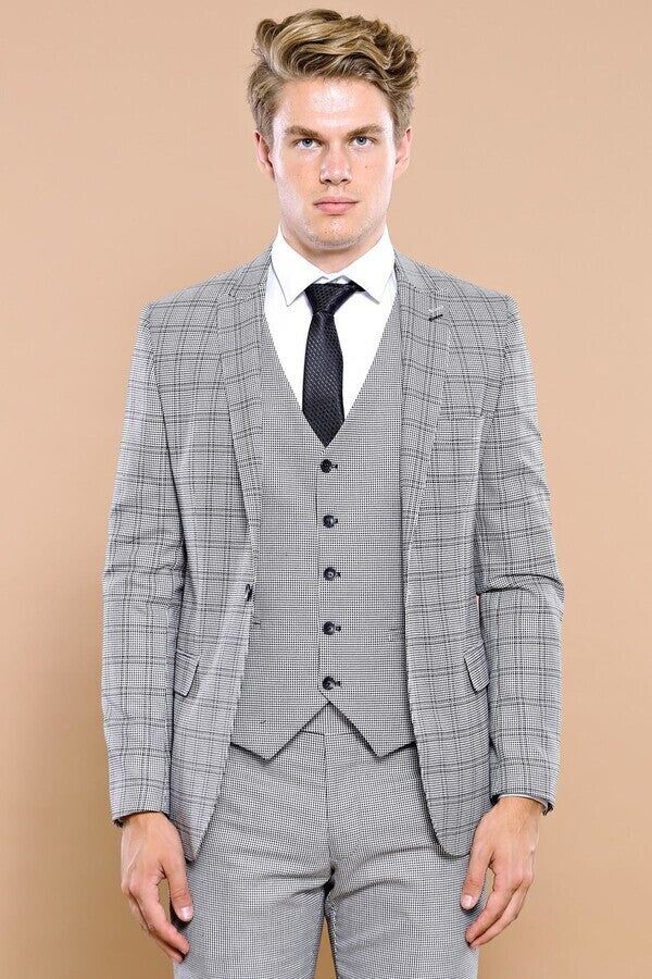 Grey Plaid Vested Men's Suit | Wessi