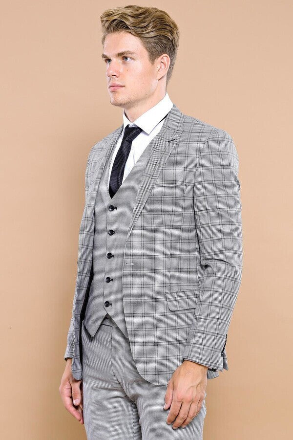 Grey Plaid Vested Men's Suit | Wessi