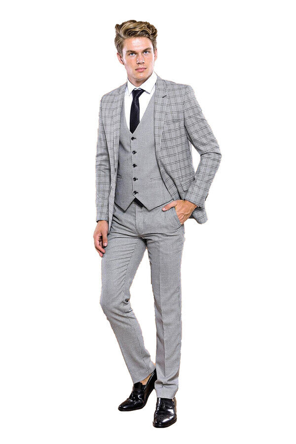 Grey Plaid Vested Men's Suit | Wessi