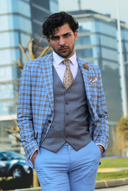 Grey Vested Slim Fit Checked Light Blue Men Suit - Wessi