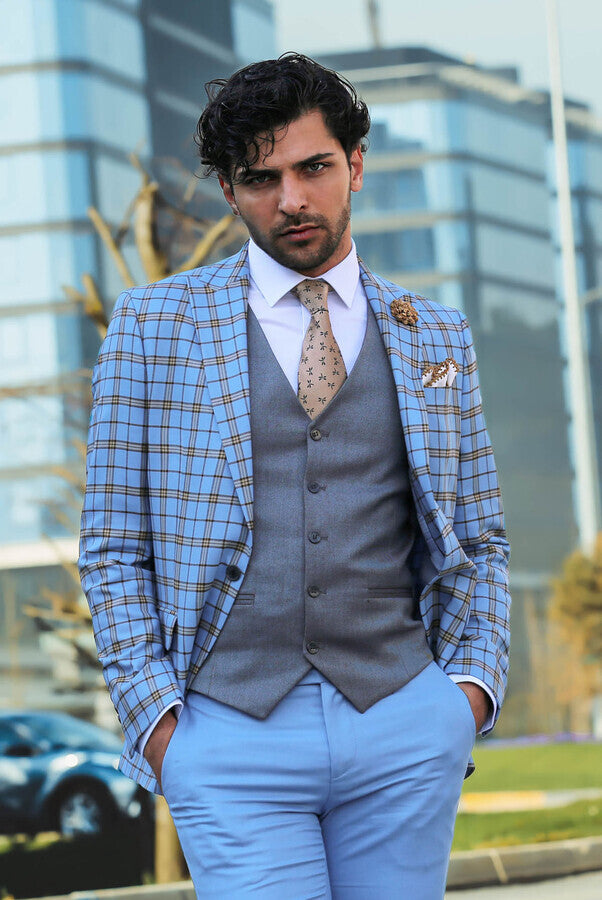 Grey Vested Slim Fit Checked Light Blue Men Suit - Wessi