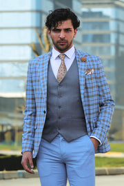 Grey Vested Slim Fit Checked Light Blue Men Suit - Wessi