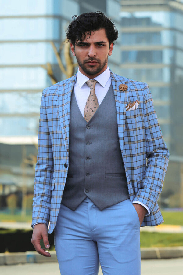 Grey Vested Slim Fit Checked Light Blue Men Suit - Wessi