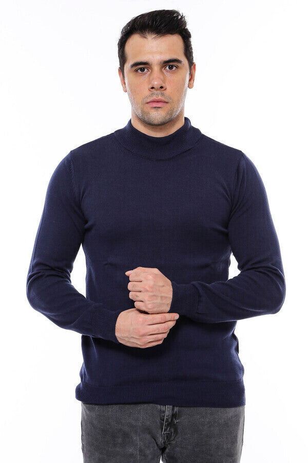 Half Turtleneck Knitwear Navy Blue Men Sweater - Wessi