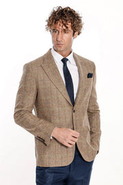 Herringbone Slim Fit Wool Tan Men Blazer - Wessi