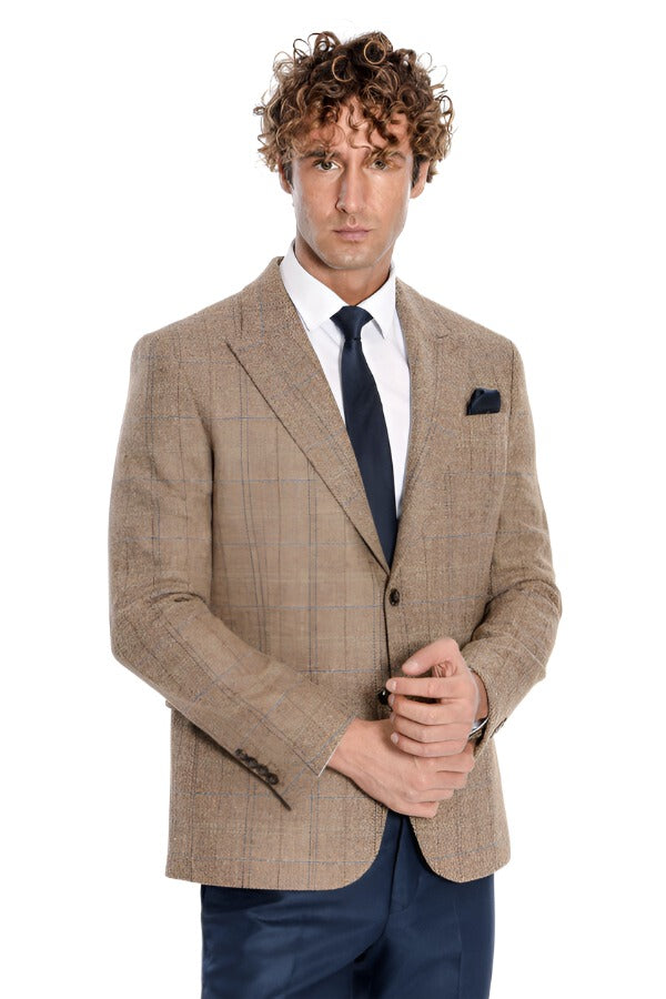 Herringbone Slim Fit Wool Tan Men Blazer - Wessi