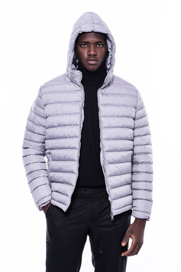 Hooded Quilted Grey Men Coat - Wessi