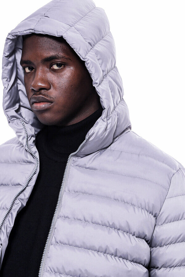 Hooded Quilted Grey Men Coat - Wessi