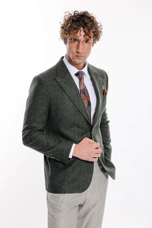 Houndstooth Pattern Wool Green Men Blazer - Wessi