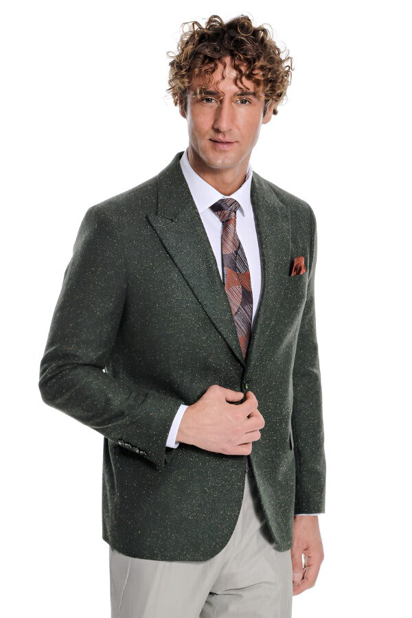 Houndstooth Pattern Wool Green Men Blazer - Wessi