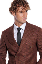 Houndstooth Patterned Brown Men Double Breasted Blazer - Wessi