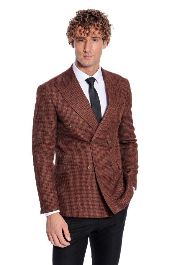 Houndstooth Patterned Brown Men Double Breasted Blazer - Wessi